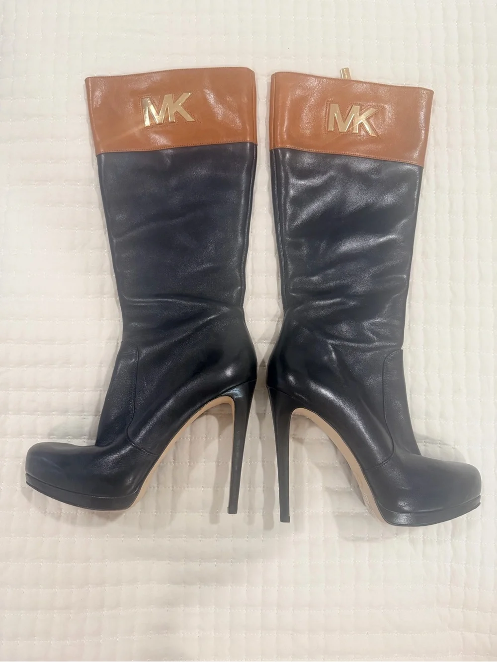 Michael Kors Black and Brown Leather Stiletto Knee Boots